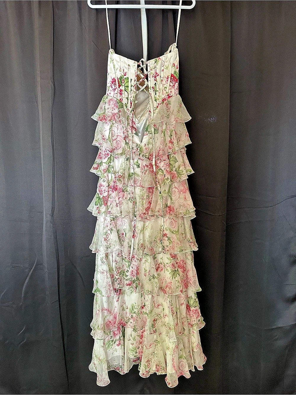 Floral Ruffle Maxi Dress in Pink & Green Like New